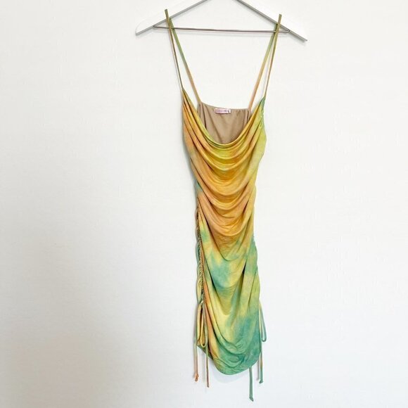 Tie Dye Ruched Rainbow Bodycon Fairy Y2K Disco Baddie Club Party Mini Dress S - Picture 1 of 7